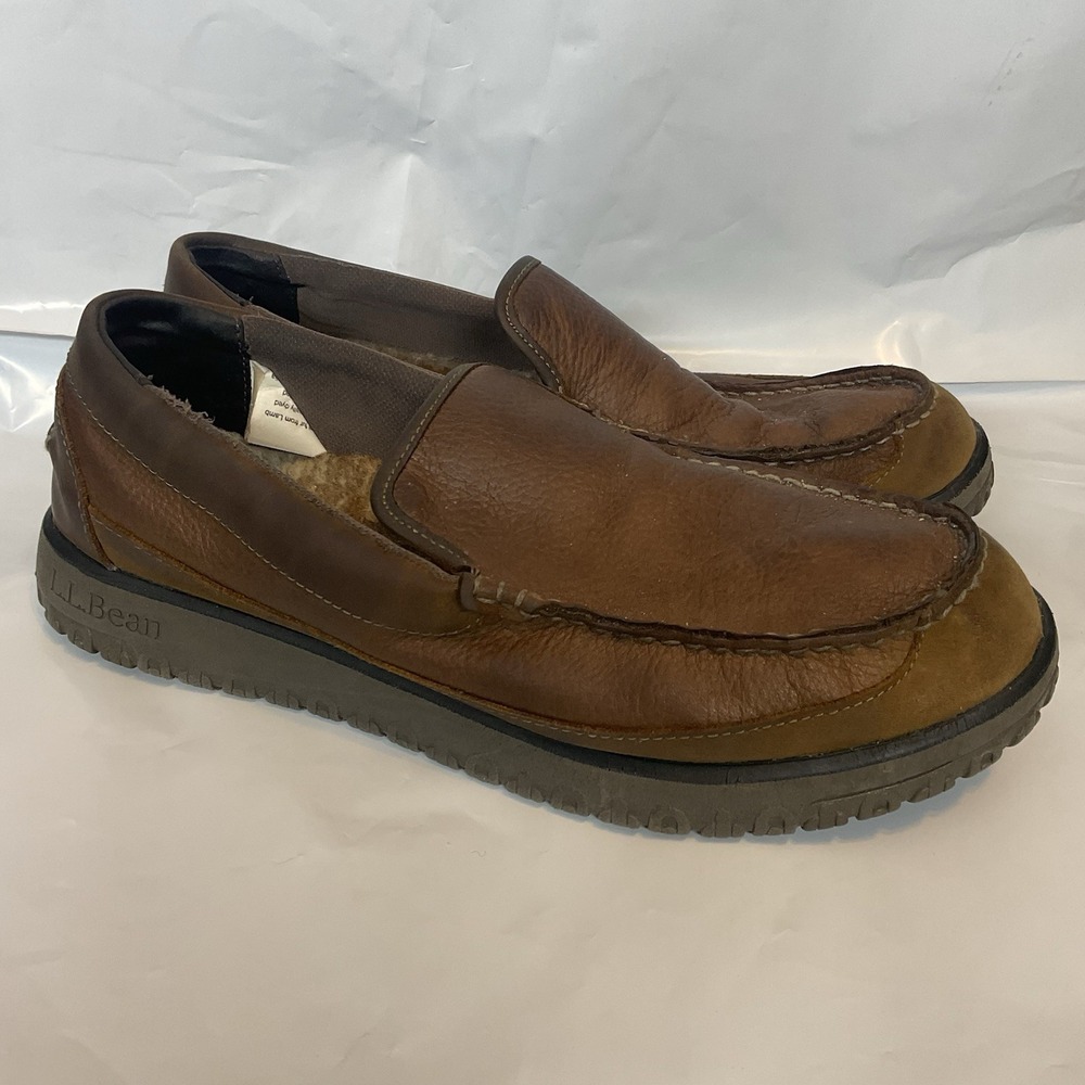 LL Bean All Week Moc Slippers Men's Size 14M Brown Leather Shearling Shoe 512403